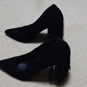 Bebe Fringe Suede Heels